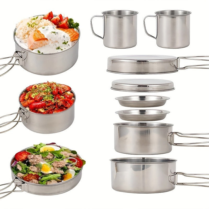 Stainless Steel Camping Cookware Set 8 Piece with Pots Pans Plates Cups and Handles – Lightweight Outdoor Cooking Kit for Camping Hiking