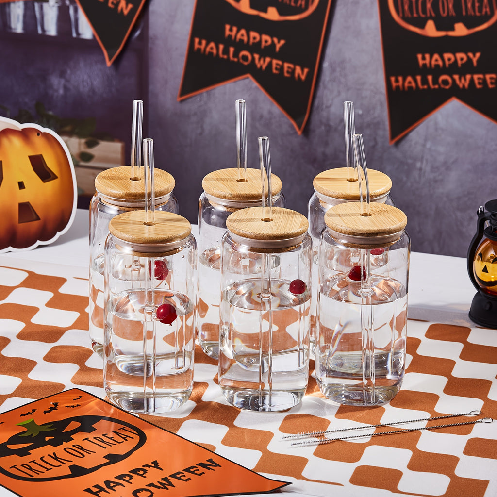 Drinking Glasses Set with Lid and Straw 550ml Oval Glass Cups 4 or 6 Piece, for Home Cooking, Dining and Outdoor Meals