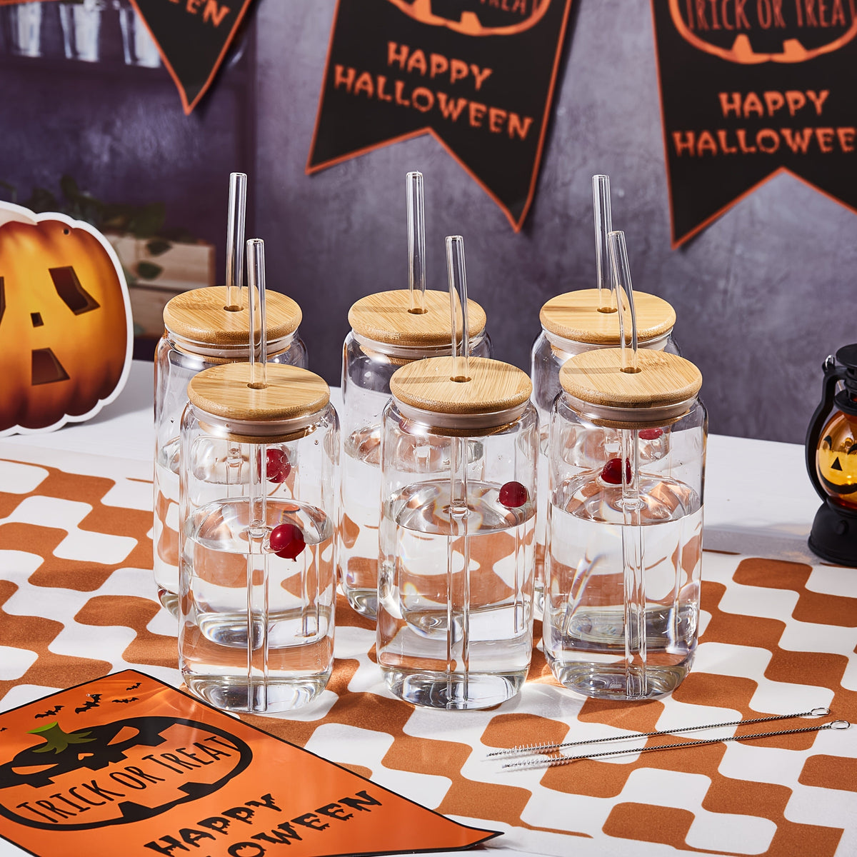 Drinking Glasses Set with Lid and Straw 550ml Oval Glass Cups 4 or 6 Piece, for Home Cooking, Dining and Outdoor Meals