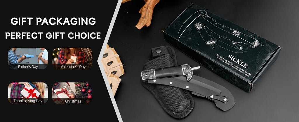 Folding Sickle Stainless Steel Flat Edge Blade with Black Wood Handle & Double Bolsters for Garden, Patio and Yard Use