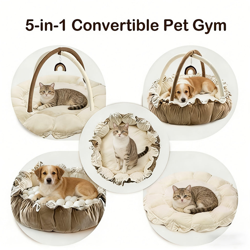 5-in-1 Pet Play Mat & Bed with 6 Toys – Thick Plush Convertible Ball Pit Tummy Time Mat Floor Cushion for Cats Dogs