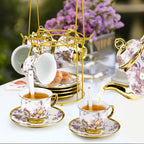 20-Piece Floral Ceramic Tea Set with Saucers & Metal Stand, European Afternoon Tea Service, Blooming Design