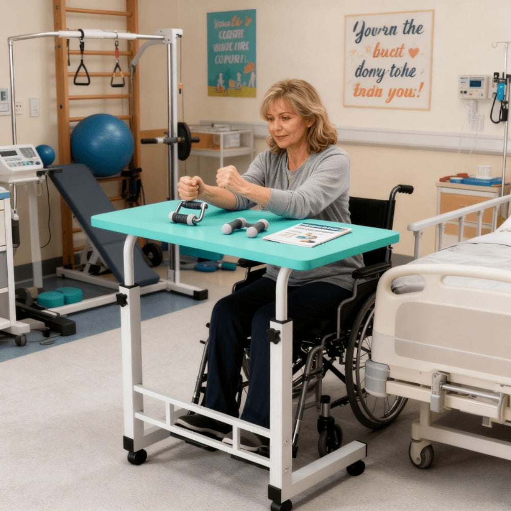 Adjustable Height Rolling Overbed Nursing Table 3-Layer Shelves Bedside Tray for Elderly for Entryways, Bedrooms and Living Spaces