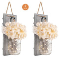 Mason Jar Wall Sconces Set of 2 – Rustic Farmhouse Wall Decor with Ivory Hydrangea Flowers