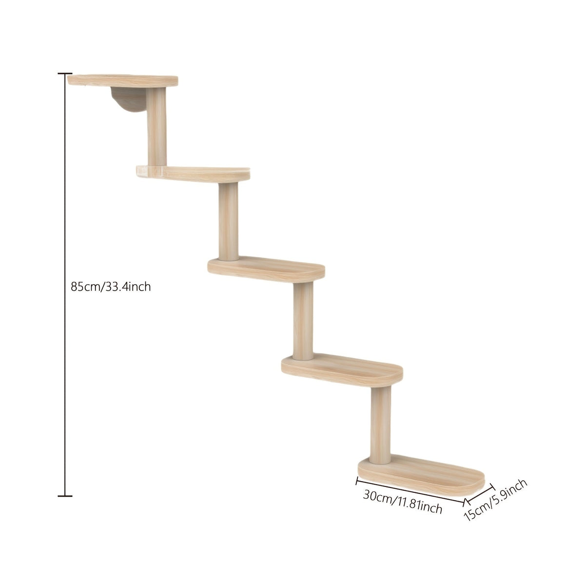 Five-Step Wall-Mounted Cat Tree with 85cm Vertical Wood Frame and Staggered Rectangular Platforms