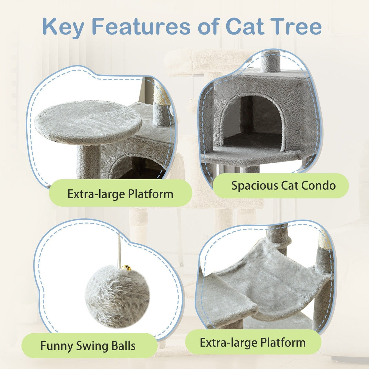 Multi-Level 44in Cat Tower with Enclosed Condo, Hammock, Round Platforms and Sisal-Wrapped Posts