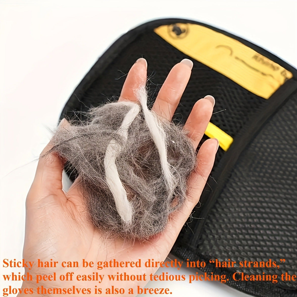 Reusable Fabric Pet Hair Removal Mitt Set with Four Black Mitts and Yellow Hand Straps for Upholstery