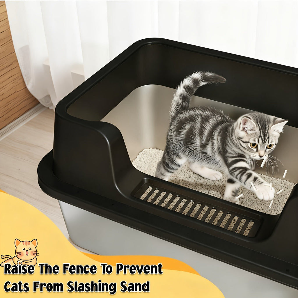 Stainless Steel Cat Litter Box with High-Wall Surround, Front Step, Scoop and 8.46- or 10.43-Inch Wall Options