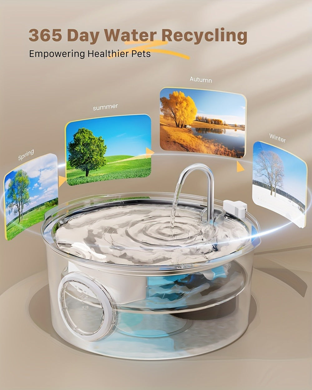7L Pet Water Fountain with Stainless-Steel-Marked Basin, Water-Level Window and Dual Arched Outlets