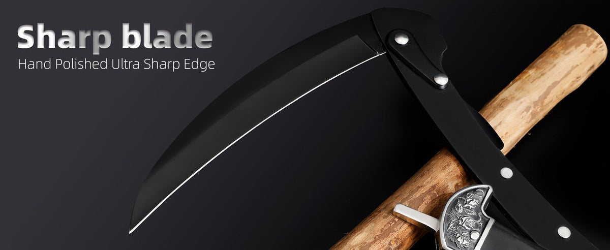 Folding Sickle Stainless Steel Flat Edge Blade with Black Wood Handle & Double Bolsters for Garden, Patio and Yard Use
