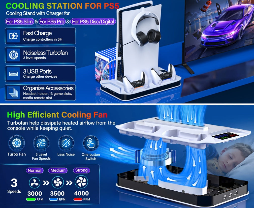 PS5 Pro Slim Cooling Station with Controller Charging Station for PS5/Slim/Pro Standard & Disc/Digital Console