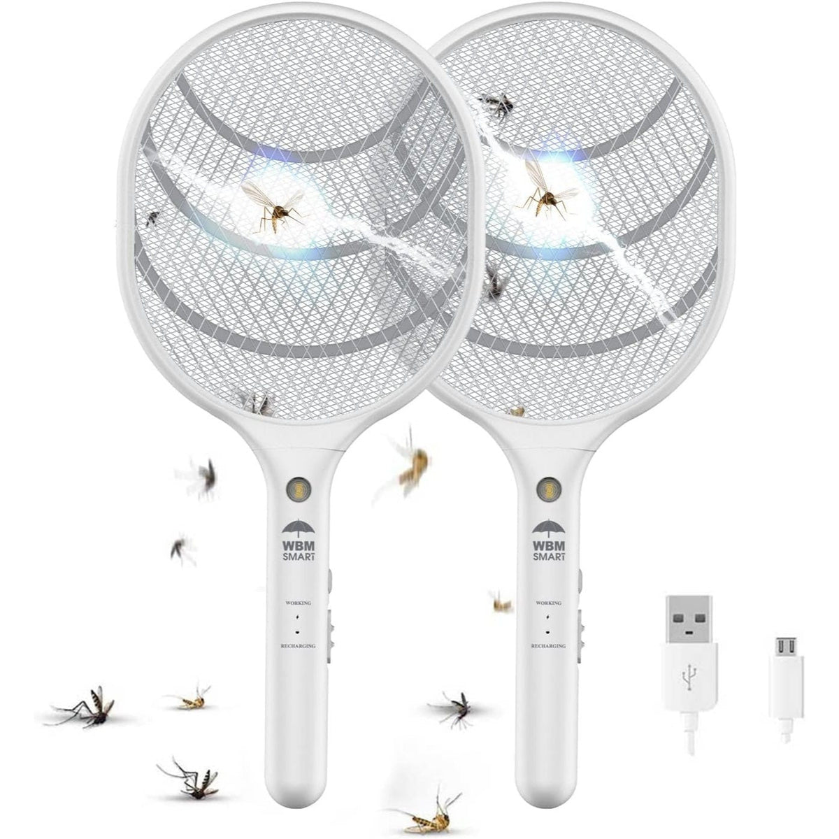 Electric Fly Swatter Racket Rechargeable 2-Pack, 3000V Bug Zapper with LED Light, USB Charging
