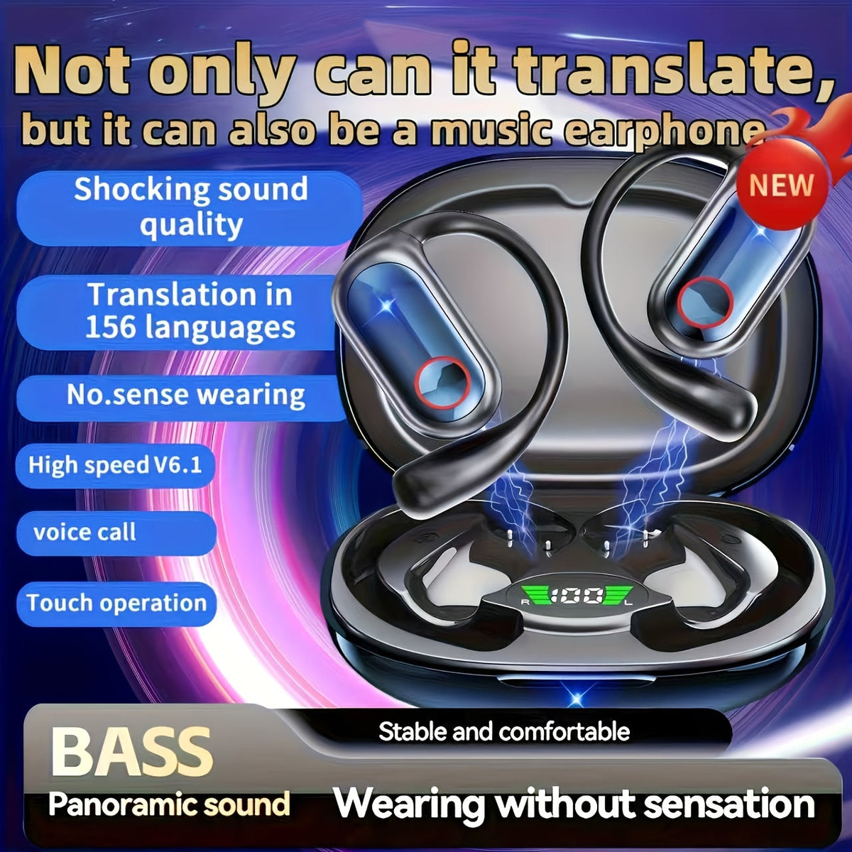 Wireless Earbuds AITruly Open-Ear Translator with Bluetooth 5.4, 144 Languages and ENC Mic