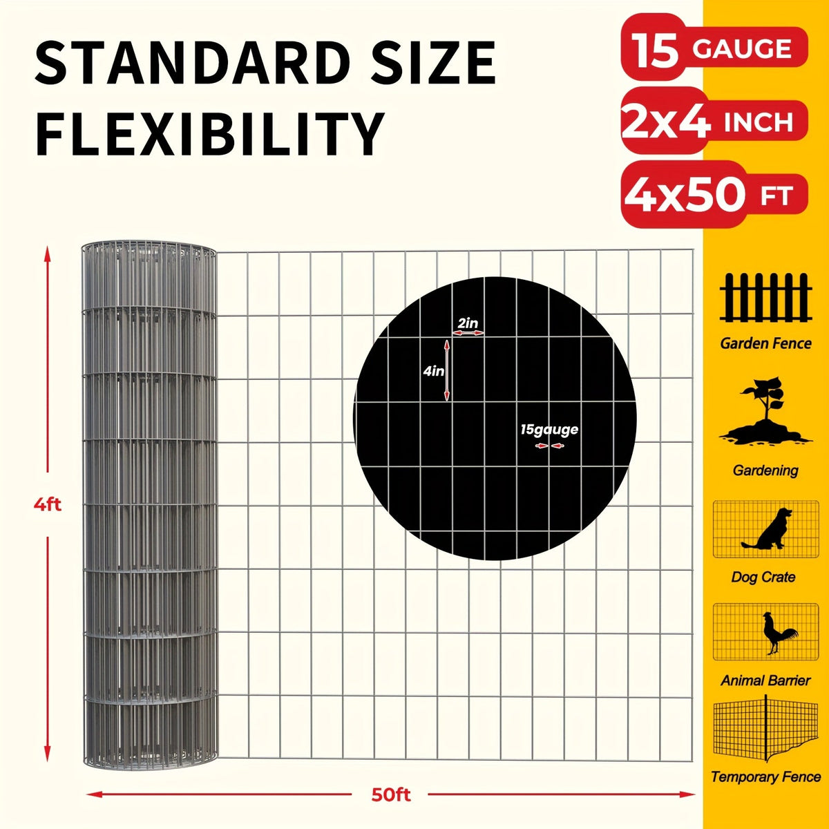 Welded Wire Mesh Fence Roll 50ft, Galvanized Zinc-Coated Steel Hardware Cloth for Chicken Coop, Garden Fence