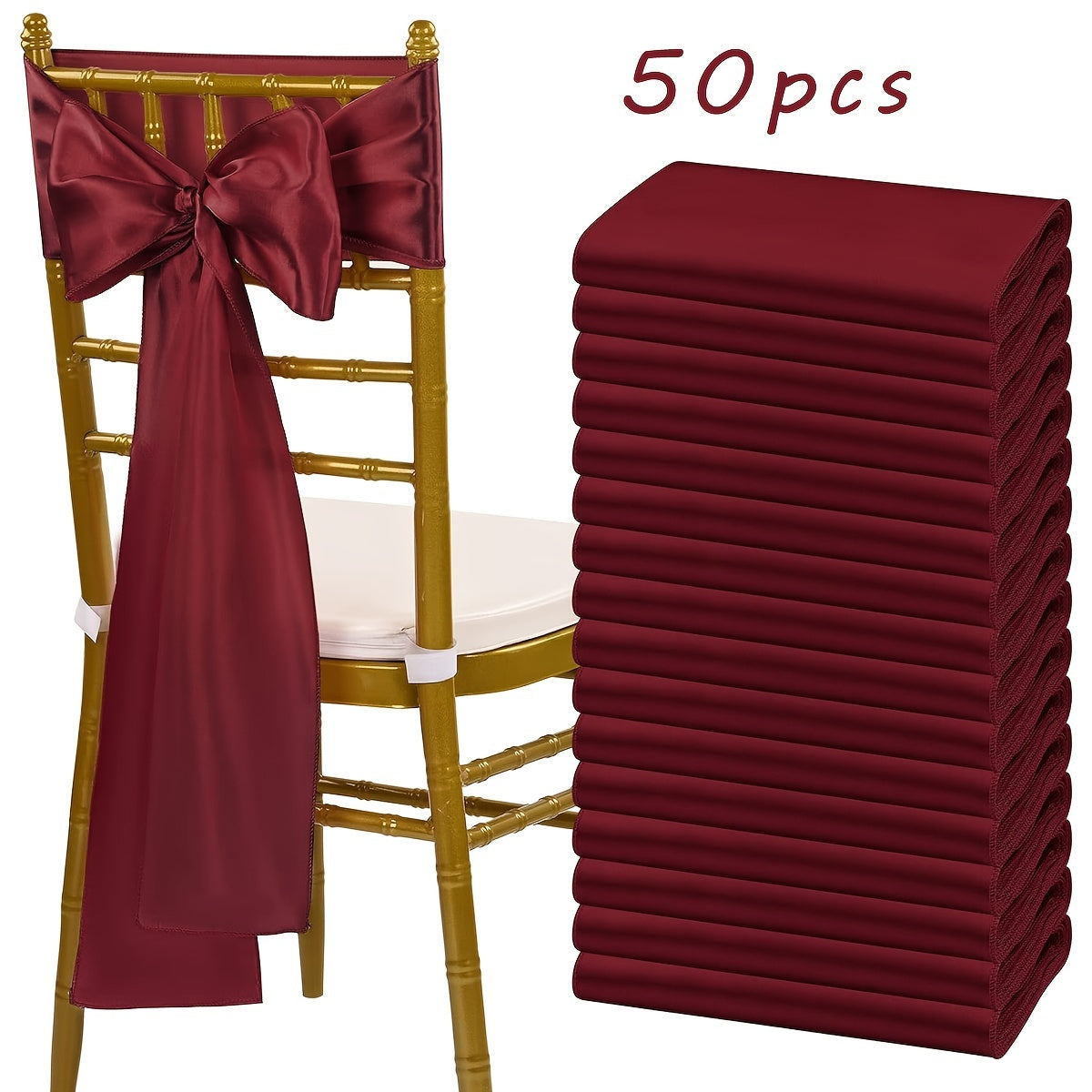 Satin Chair Sashes Bows 50pcs, 7x108 Inch Chair Waist Belt Bow Ties for Wedding Reception, Banquet