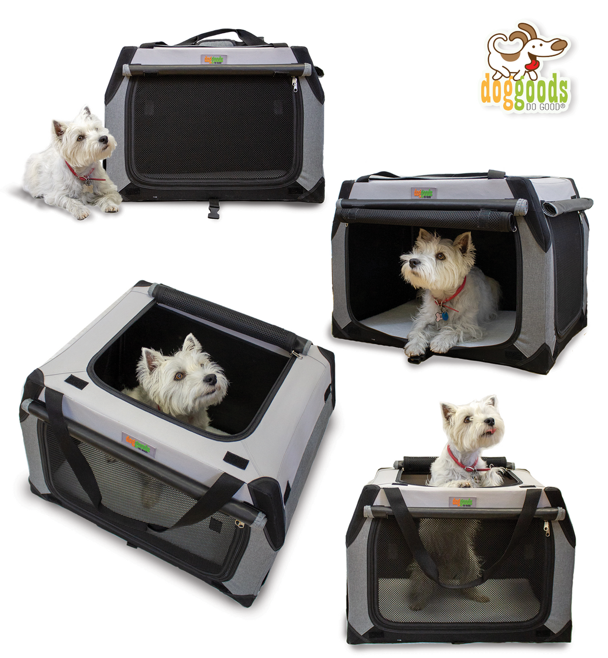Foldable soft-sided dog crate with mesh ventilation, roll-up shades, and multiple entry points. Small white dog comfortably sitting inside and peeking out from different angles.