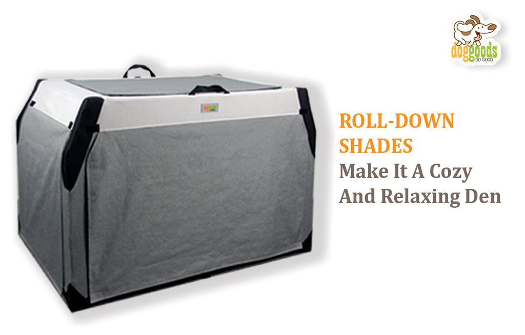 Foldable dog crate with roll-down shades for a cozy, private space. Designed for comfort and relaxation.