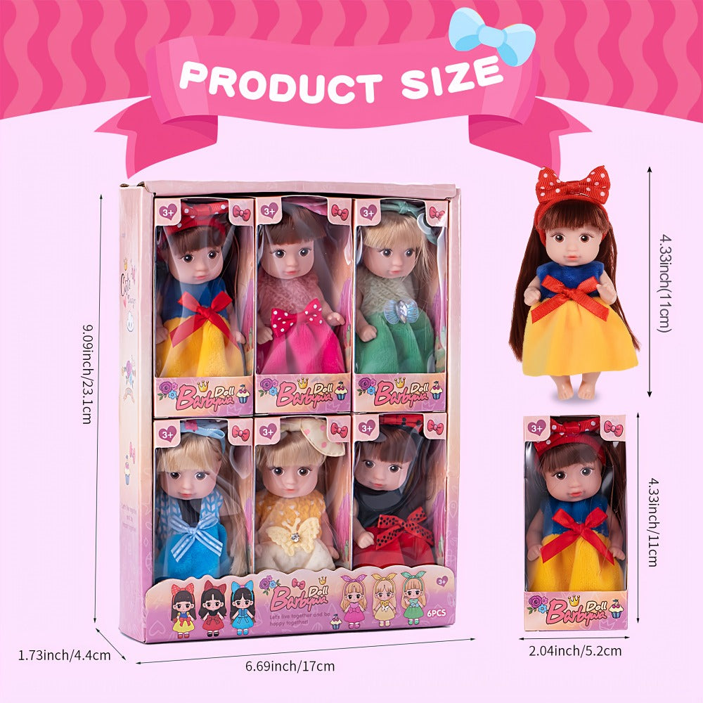 Mini Fashion Dolls Set of 6, 4-Inch Poseable Collectible Dolls with Glitter Eyes, Stylish Hair & Cute Outfits