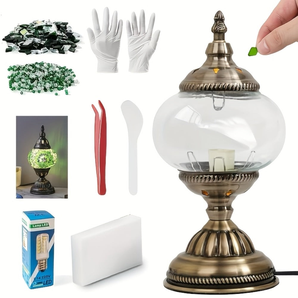 DIY Turkish Moroccan Mosaic Lamp Kit Handmade Glass Metal Brass Dimmable Bohemian Table Light for Entryways, Bedrooms and Living Spaces