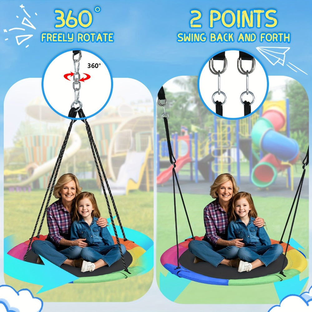 43 Inch Saucer Swing for Kids Outdoor, 360° Spinning Nest Swing with Swivel, Adjustable Ropes & Hanging Straps for Tree or Swing Set