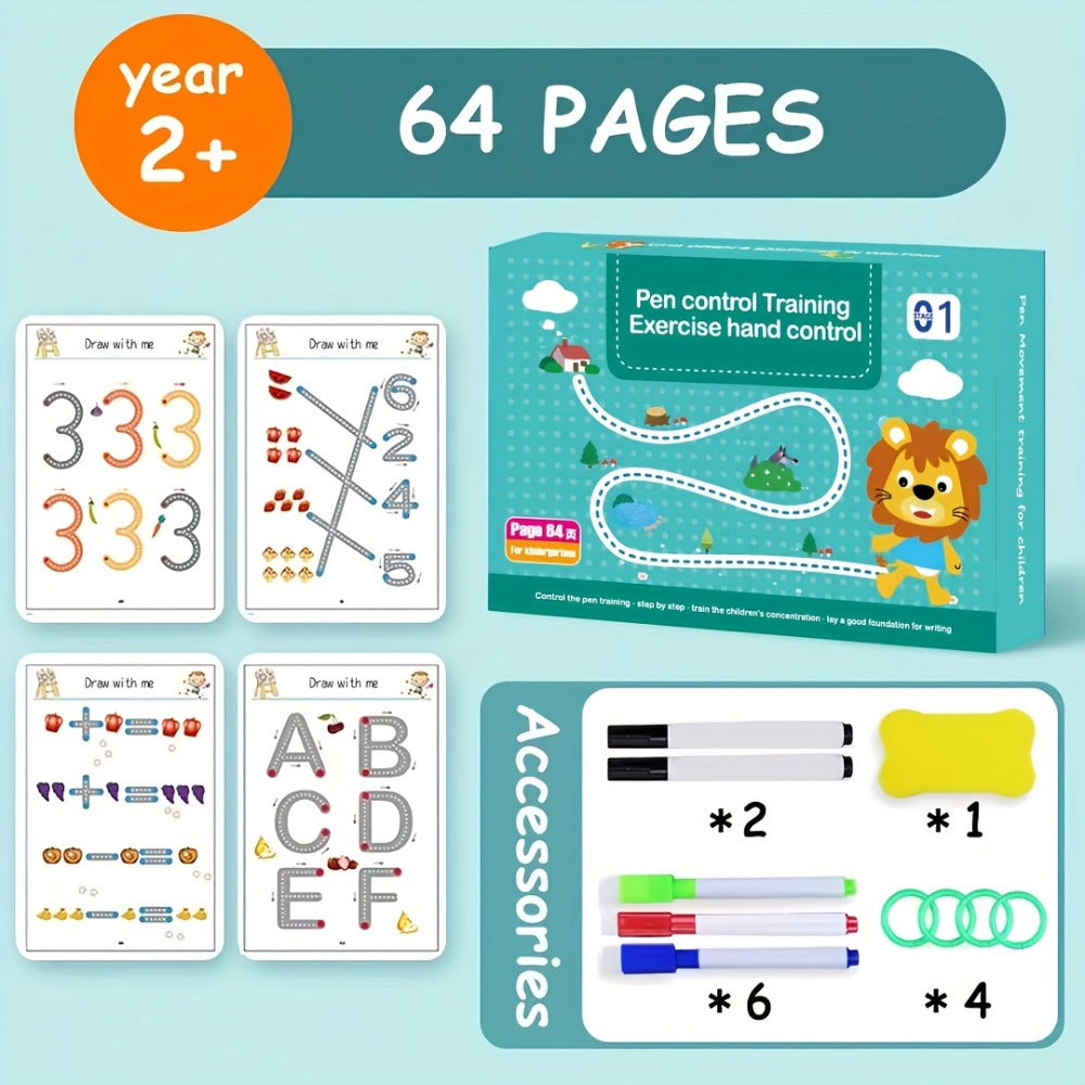 Wipe Clean Tracing Workbook for Kids – 64-Page Reusable Magic Exercise Book with 8 Color Pens & Eraser, Pen Control Writing Practice