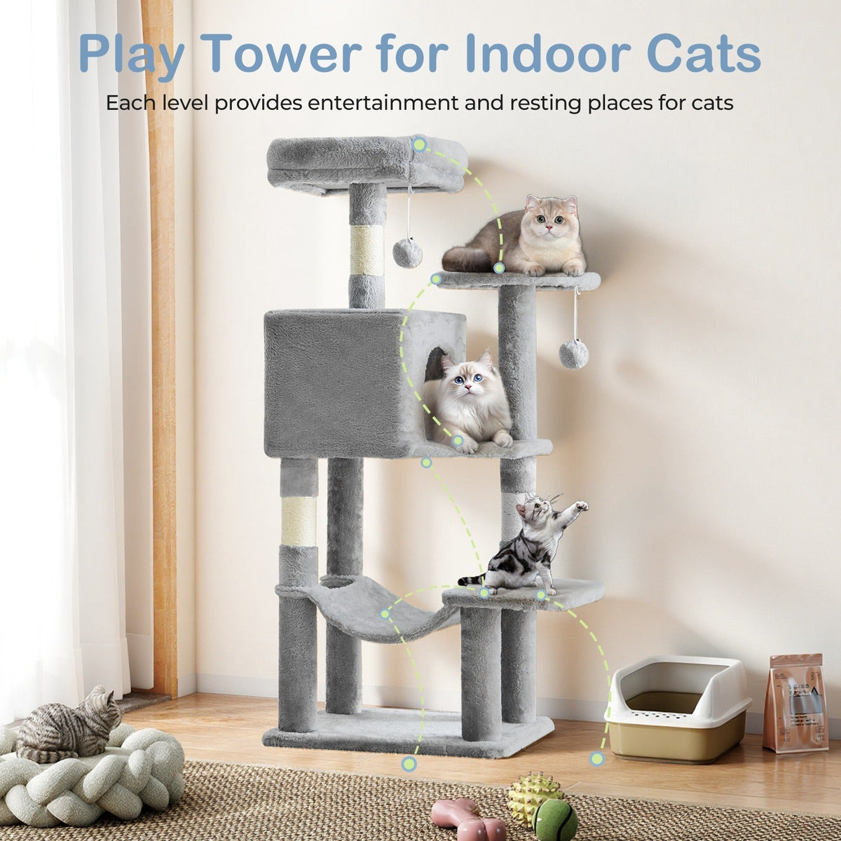 Multi-Level 44in Cat Tower with Enclosed Condo, Hammock, Round Platforms and Sisal-Wrapped Posts