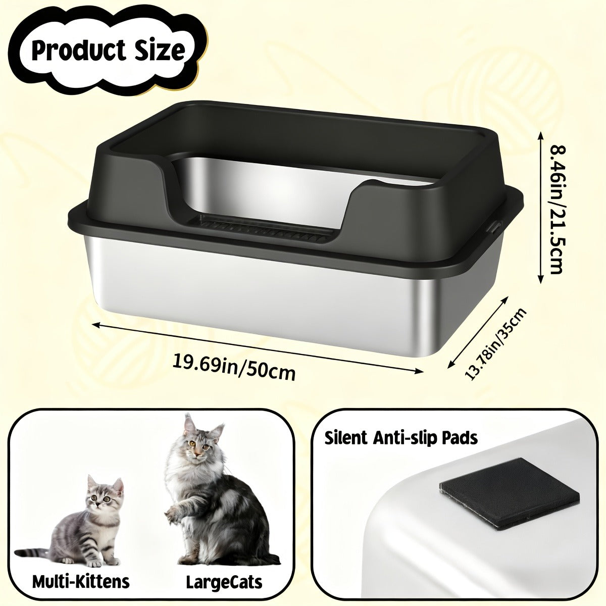 Stainless Steel Cat Litter Box with Scoop – High-Wall Semi-Enclosed Design, Non-Stick Easy Clean Surface, Anti-Leakage Odor Control
