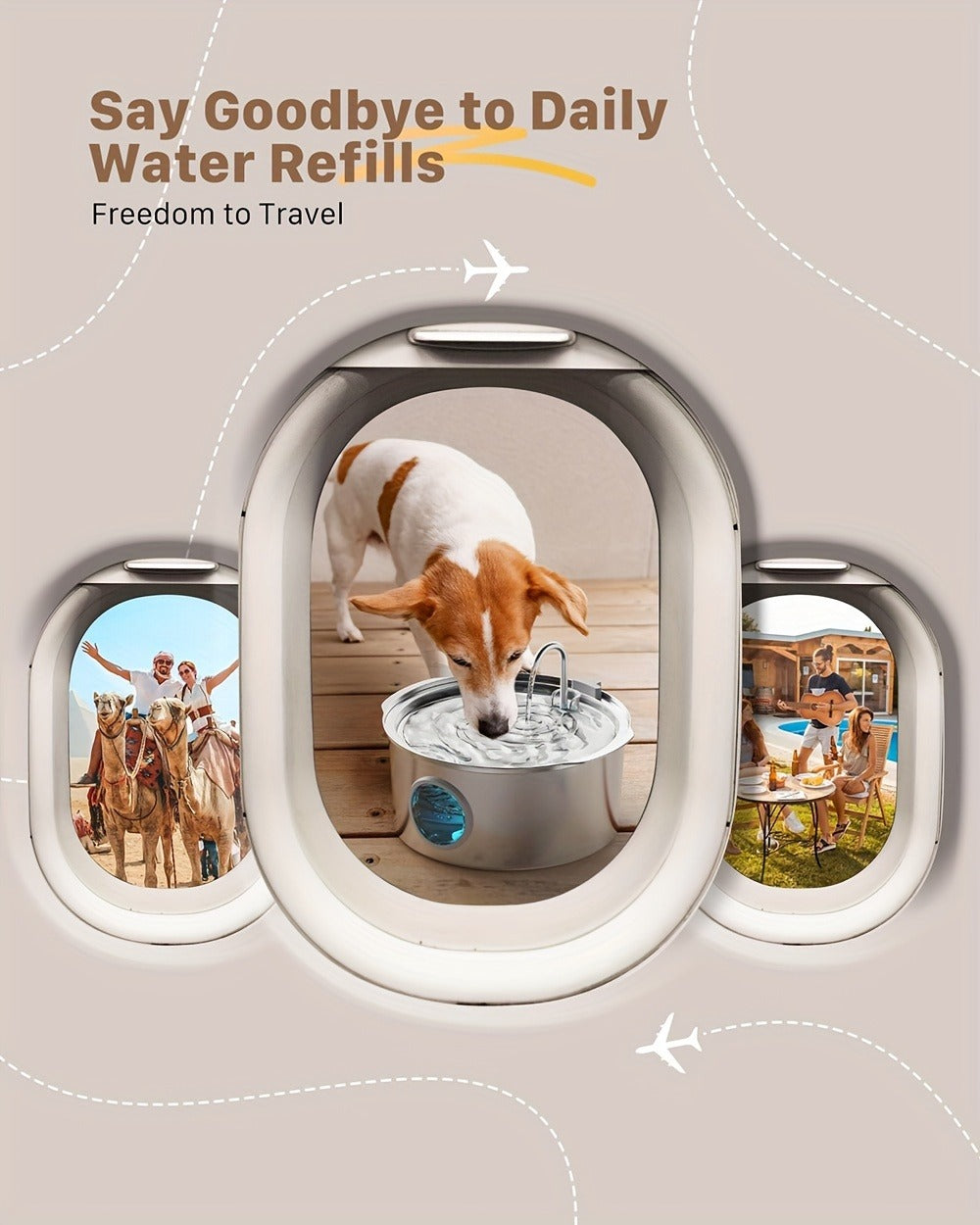 7L Pet Water Fountain with Stainless-Steel-Marked Basin, Water-Level Window and Dual Arched Outlets