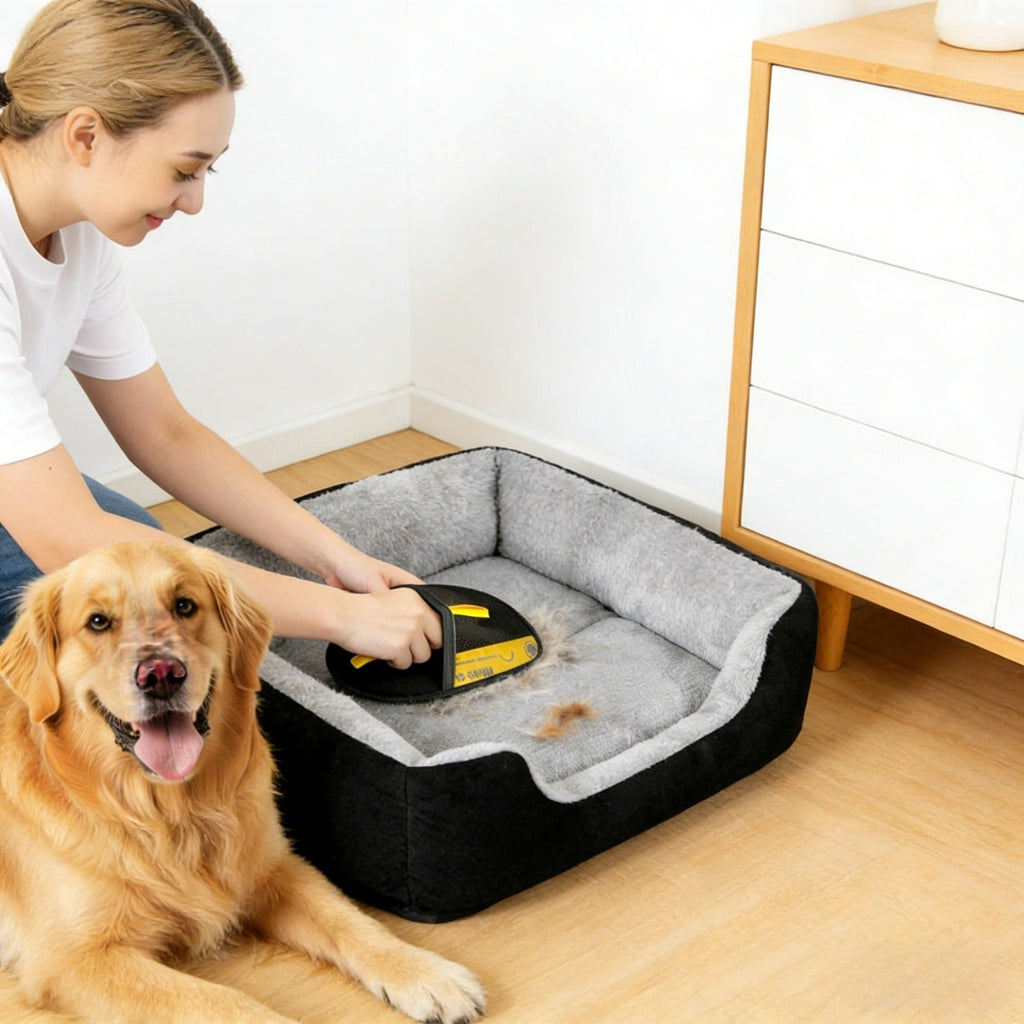 Reusable Fabric Pet Hair Removal Mitt Set with Four Black Mitts and Yellow Hand Straps for Upholstery