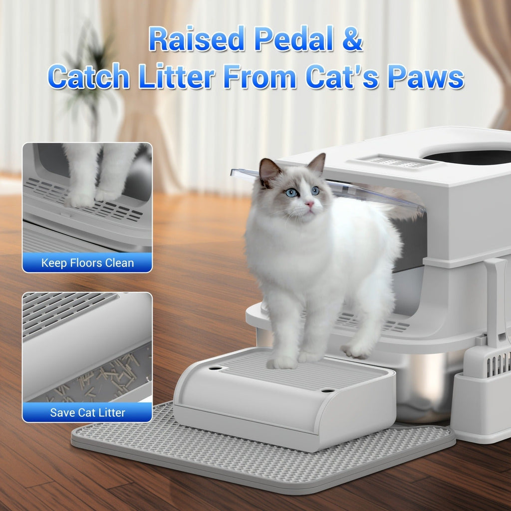 TEKEPL 68L Cat Litter Box with Stainless Steel Basin and Modular Enclosed, Semi-Open or Open Configuration