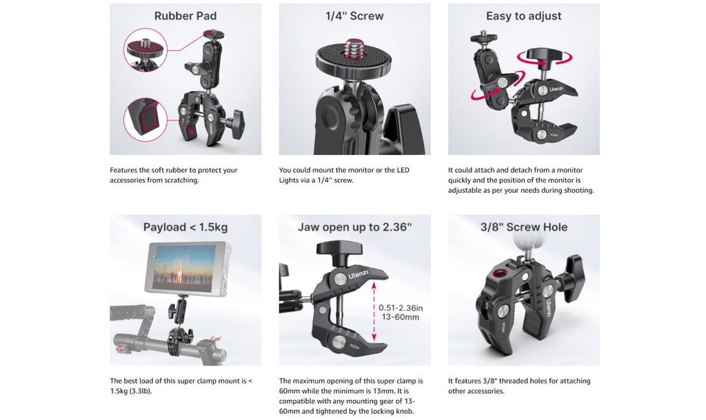 ULANZI Super Clamp 360° Ballhead Magic Arm Double Ball Head Camera Mount with 1/4"-20 & 3/8"-16 Thread for Canon Nikon DSLR