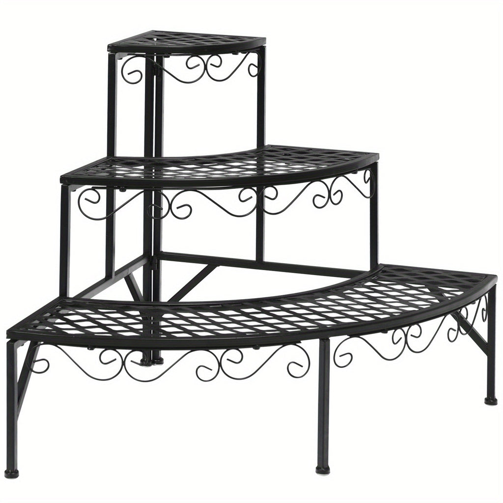 Three-Tier Black Metal Corner Plant Stand with Fan-Shaped Shelves, Scrollwork and Non-Slip Feet