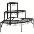 Three-Tier Black Metal Corner Plant Stand with Fan-Shaped Shelves, Scrollwork and Non-Slip Feet