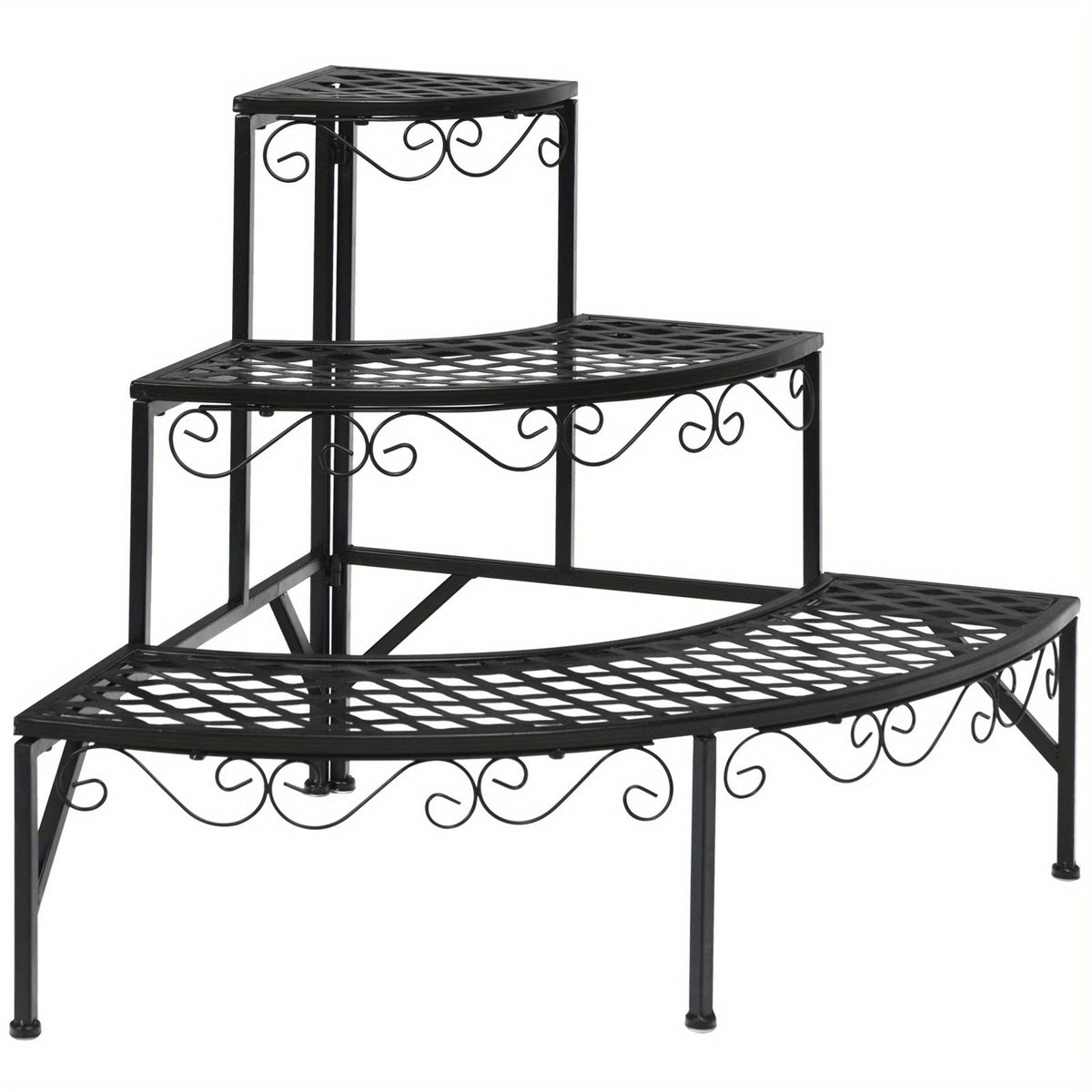 Three-Tier Black Metal Corner Plant Stand with Fan-Shaped Shelves, Scrollwork and Non-Slip Feet