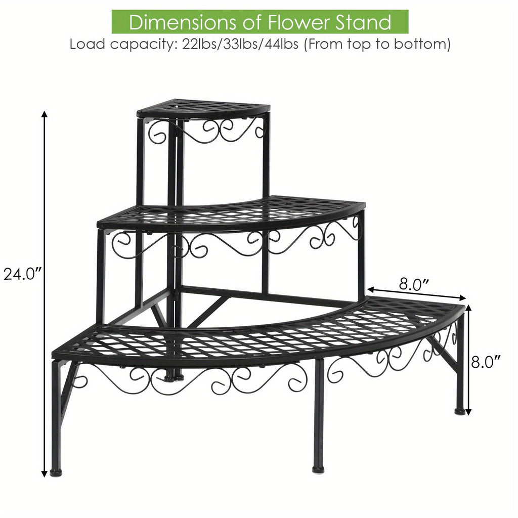 Three-Tier Black Metal Corner Plant Stand with Fan-Shaped Shelves, Scrollwork and Non-Slip Feet