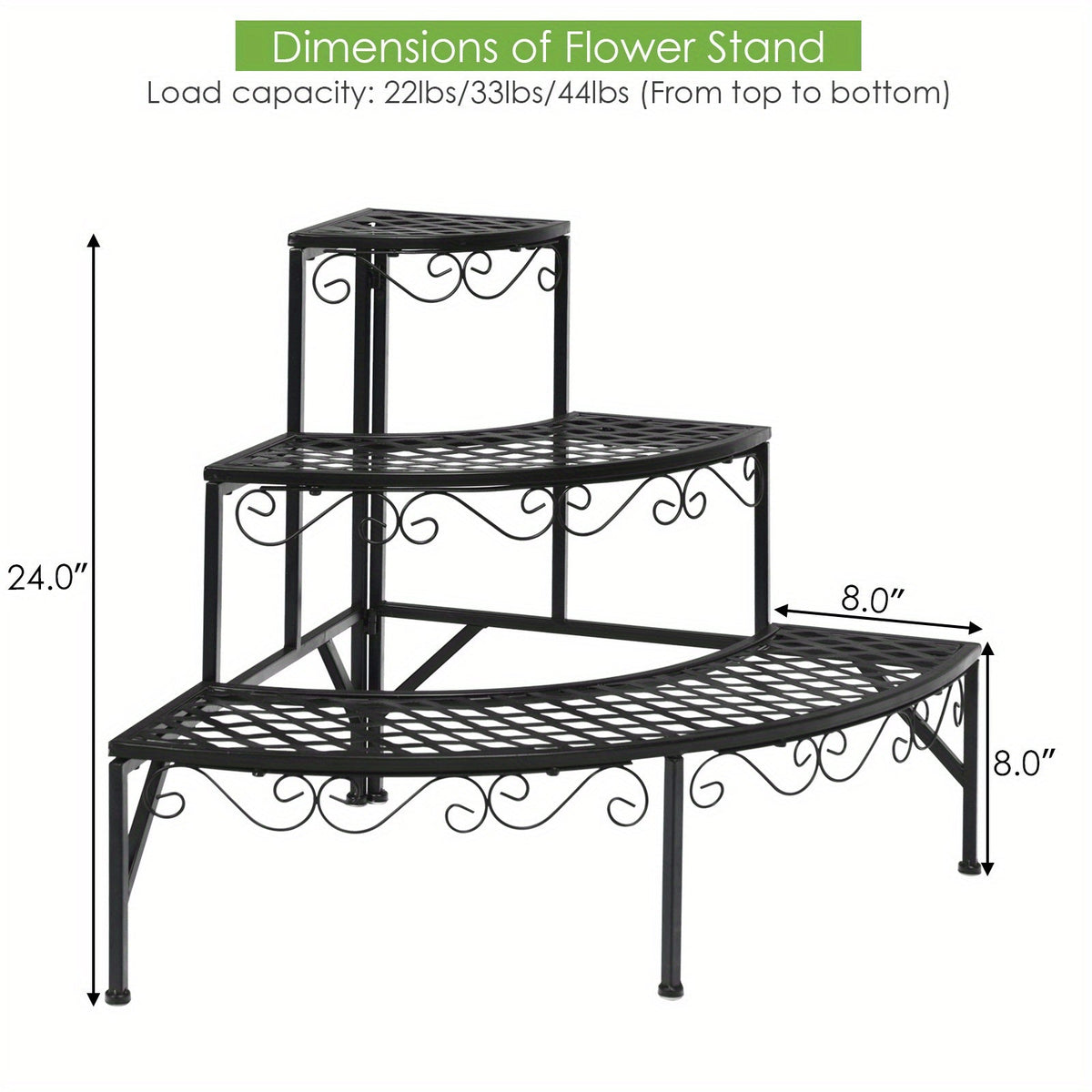 Three-Tier Black Metal Corner Plant Stand with Fan-Shaped Shelves, Scrollwork and Non-Slip Feet