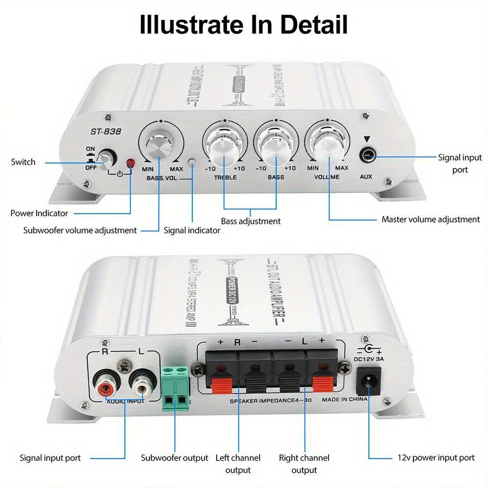 400 Watt 2.1 Channel Car Audio Stereo Amplifier, 12V Class A/B HIFI Power Amp with RCA & AUX Input, Subwoofer Output, Cast Iron Build