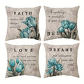 Four-Piece Teal Floral Pillow Cover Set, 18 x 18 Inches with Tulip Prints and Inspirational Words