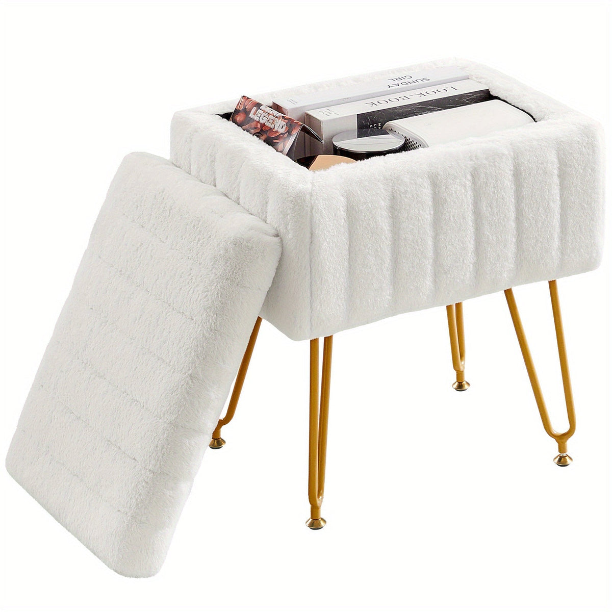 Faux Fur Storage Ottoman Stool, Furry Vanity Seat with Storage, 4 Metal Legs & Feet, Cute Modern Multi-Function Chair for Bedroom