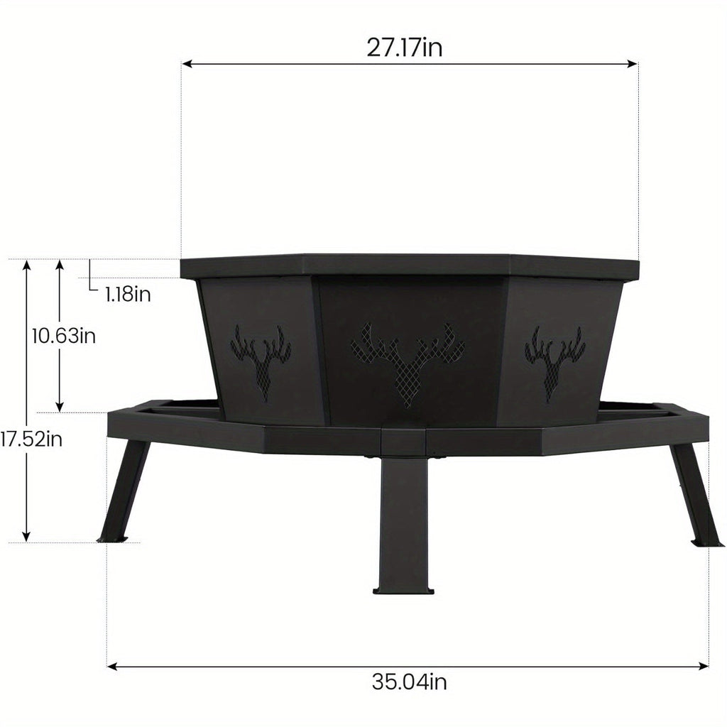 35-Inch Octagonal Wood-Burning Fire Pit with Spark Screen, Poker, Fire Grate and Wide Safety-Ledge Frame