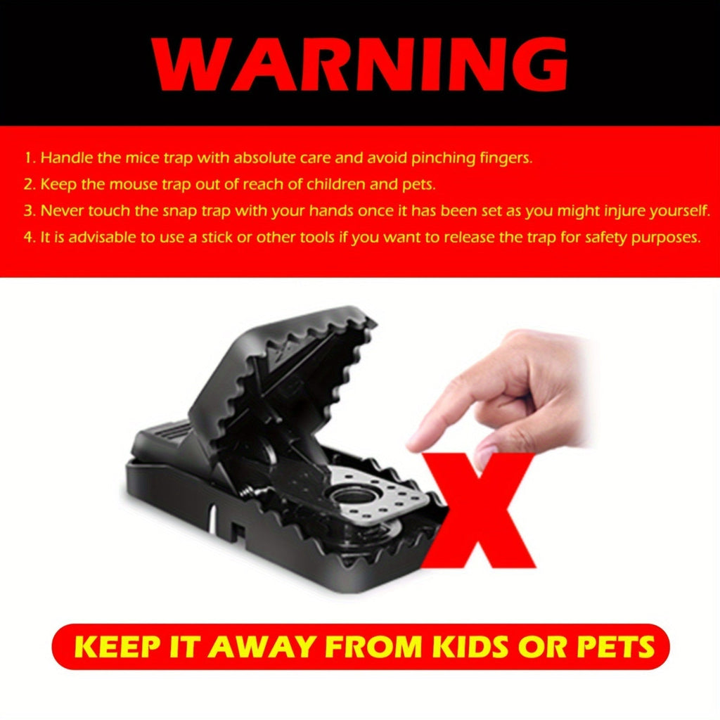 Eight-Piece Black Spring Snap Trap Set for Mouse-Size Rodents with Removable Bait-Cup Design