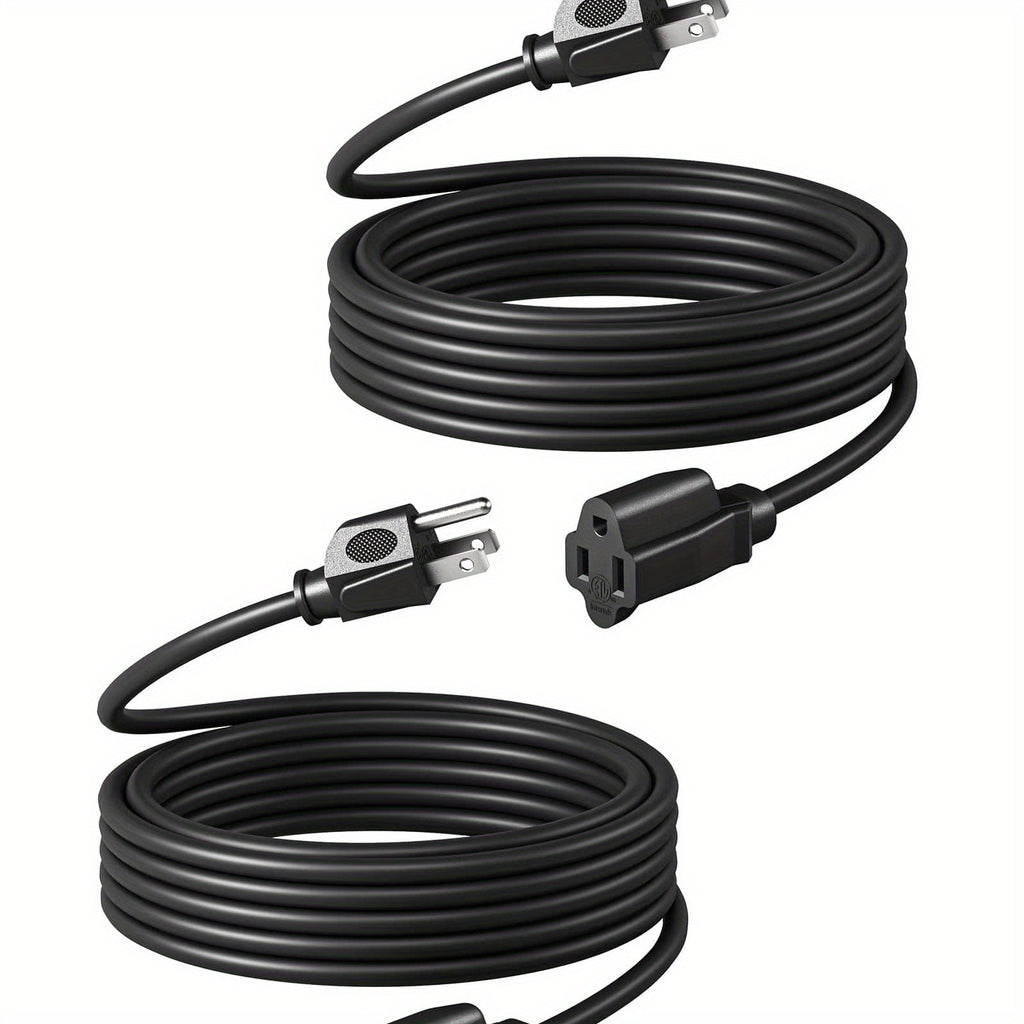 Two-Pack 20-Foot 16/3 Extension Cords in Black with Grounded Three-Prong Plug and Single Outlet