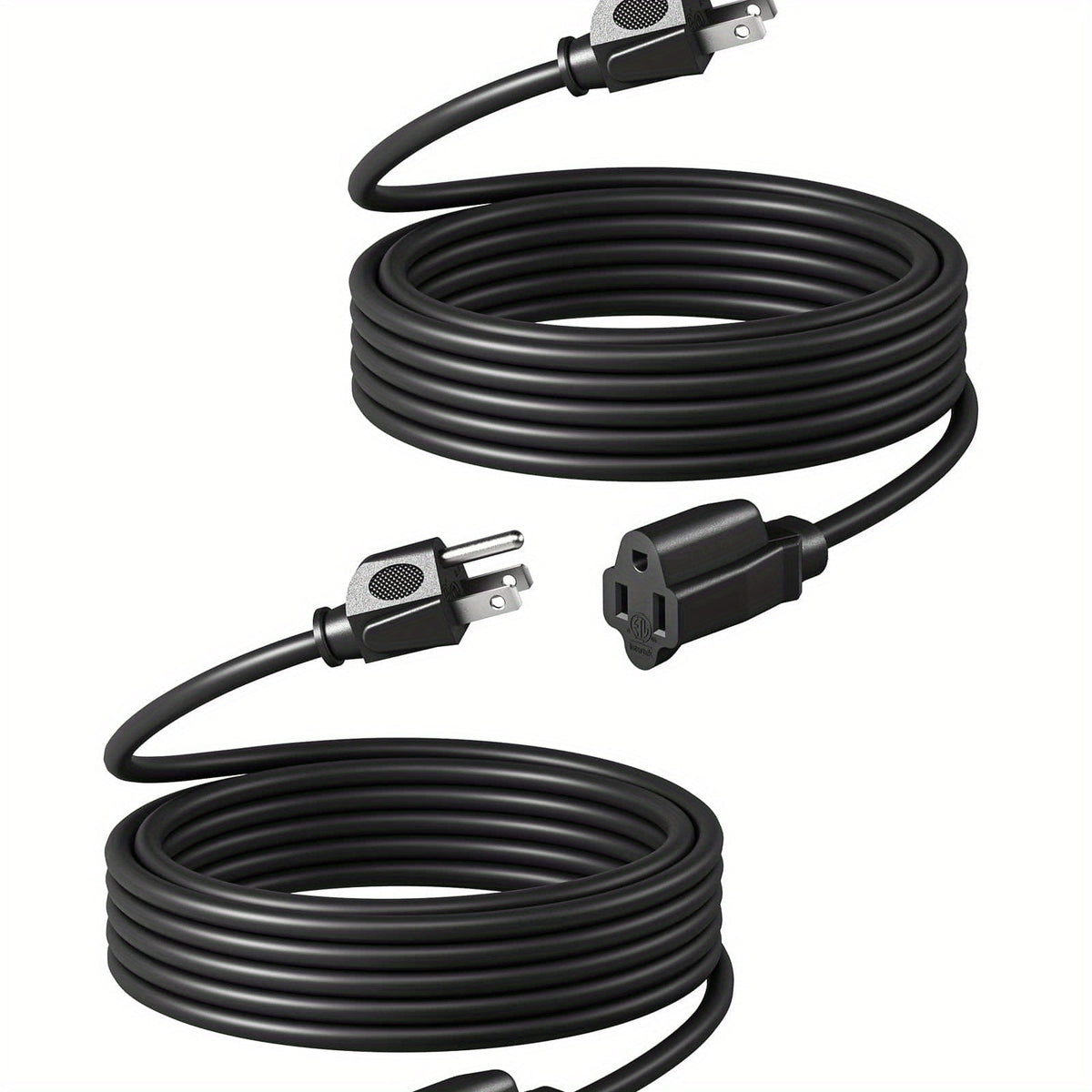 Two-Pack 20-Foot 16/3 Extension Cords in Black with Grounded Three-Prong Plug and Single Outlet