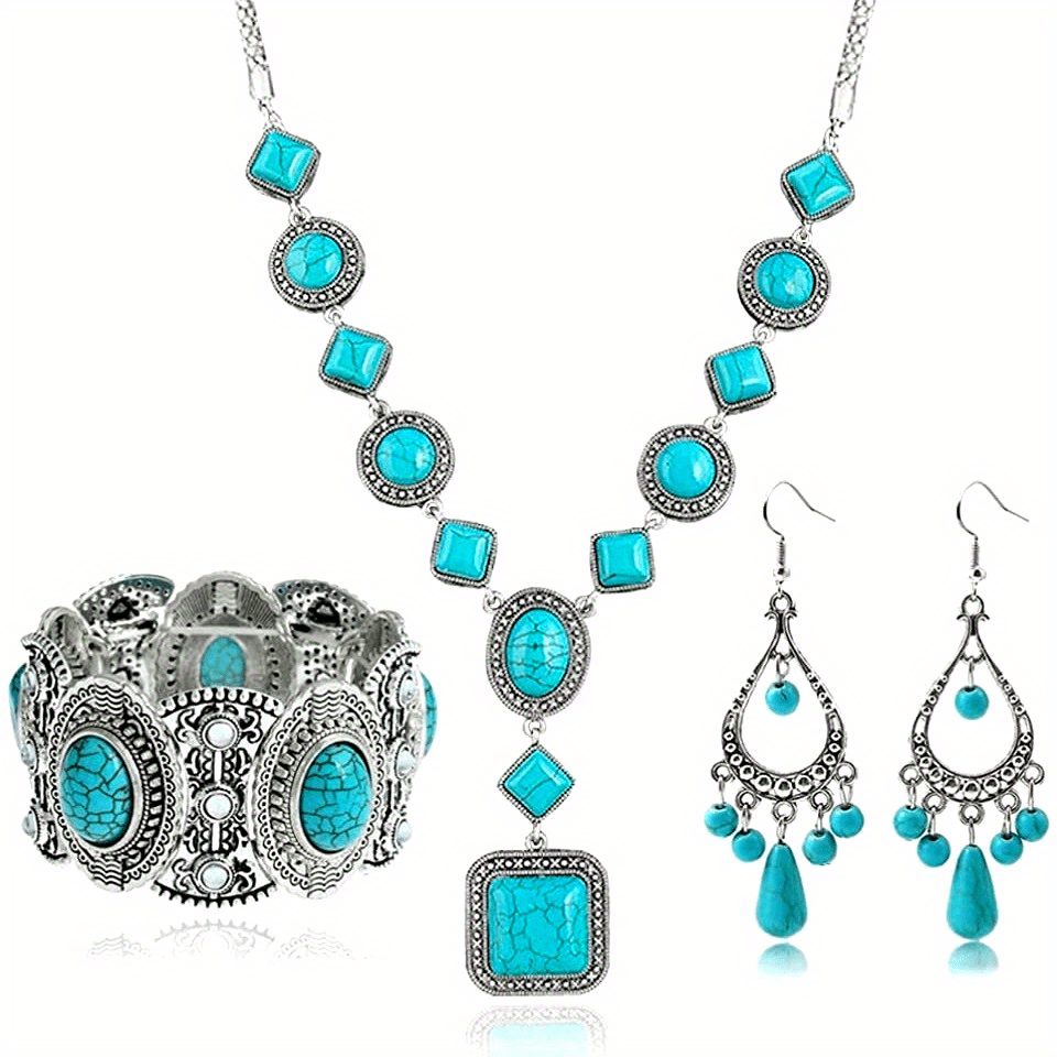 Jewelry Set 3-Piece Turquoise-Color Necklace, Wide Bracelet and Dangle Earrings with Silver-Tone Finish