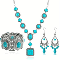 Jewelry Set 3-Piece Turquoise-Color Necklace, Wide Bracelet and Dangle Earrings with Silver-Tone Finish