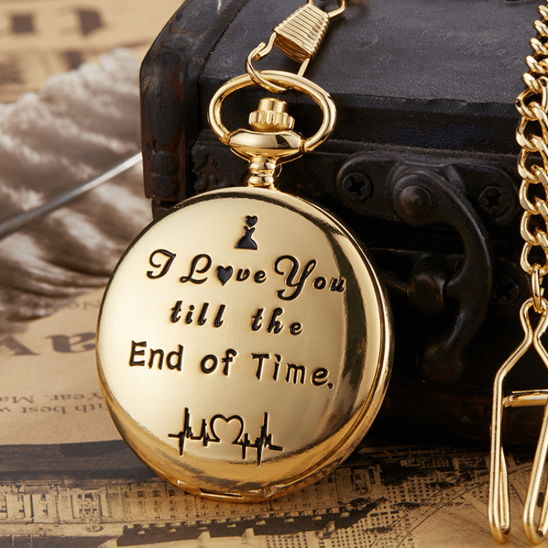 Engraved Pocket Watch with Fob Chain and I Love You Till the End of Time Message in Three Colors