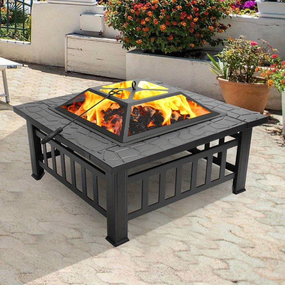 Square Fire Pit Table 32 Inch Metal Wood Burning Outdoor Fire Pit with Mesh Lid, Poker & Tabletop for Backyard Patio Garden Gatherings