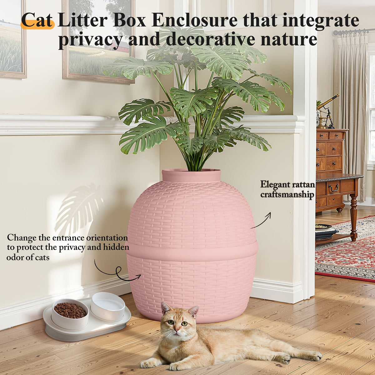 Hidden Litter Box Enclosure with Rattan Plant Design – Large Cat Litter Box Furniture, Waterproof PP, Easy Assembly
