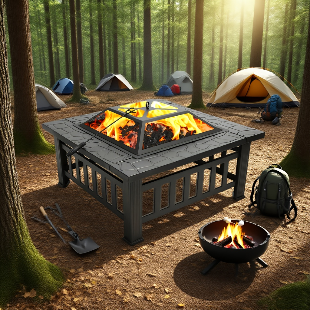 Black Square Fire Pit Table with Raised Mesh Cover, Perforated Side Panels and Wood-Burning Bowl