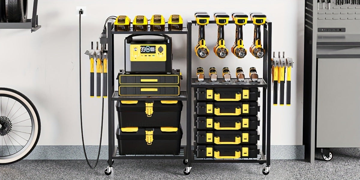 Mobile Tool Cart with Charging Station, 12 Drill Holders & 5 Storage Shelves Power Tool Organizer